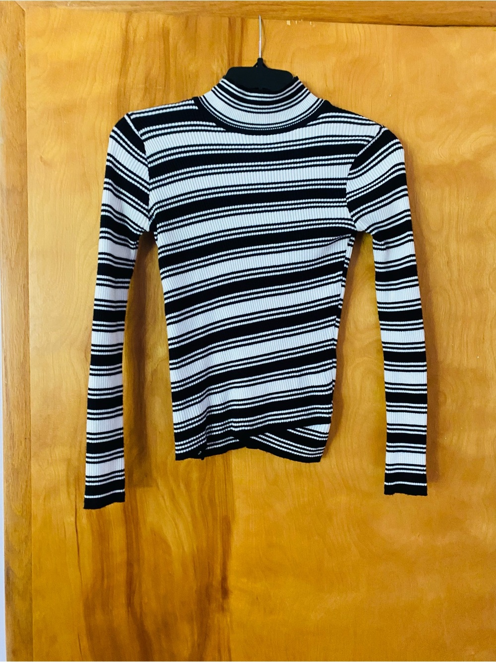 Say What? Black & White Striped Ribbed Mock Neck Long Sleeve Top